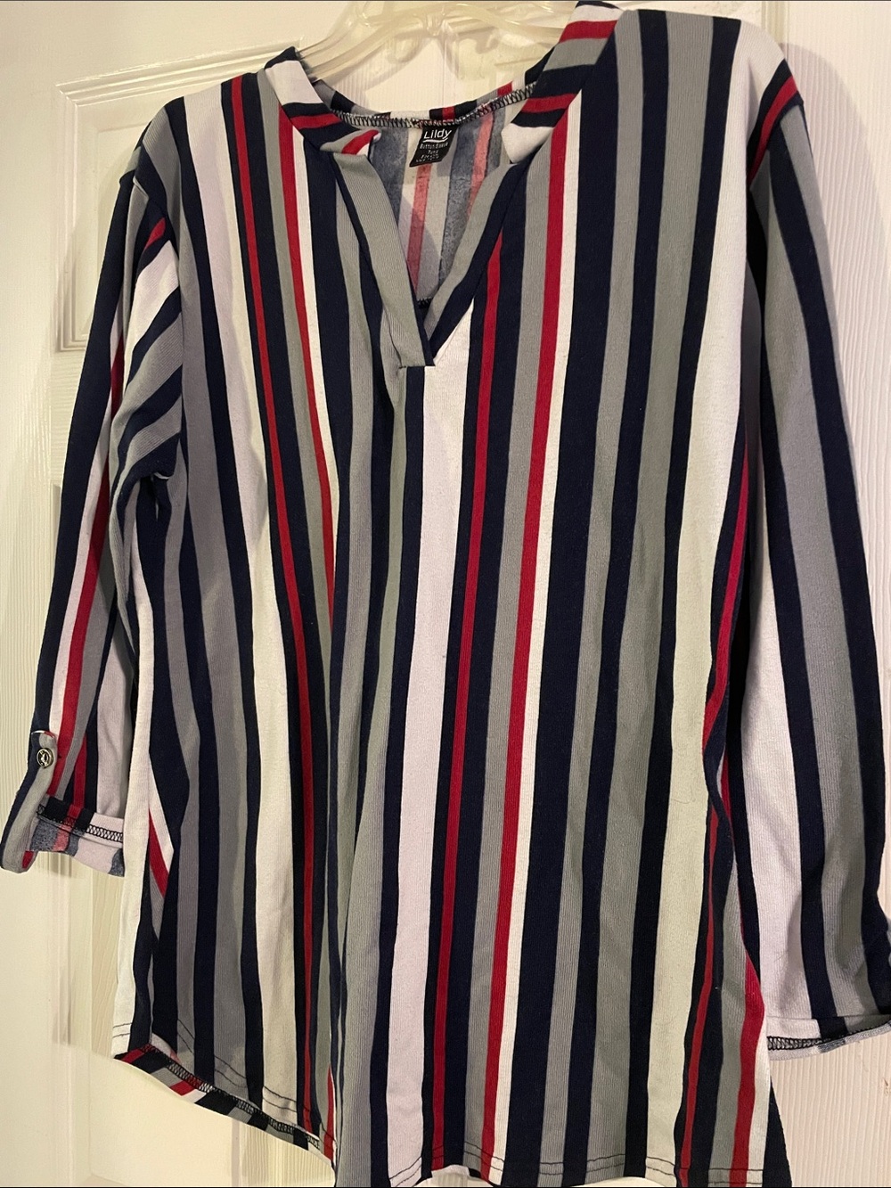 Lindy 3/4 Sleeve Vertical Stripe Tunic in Navy, White & Red